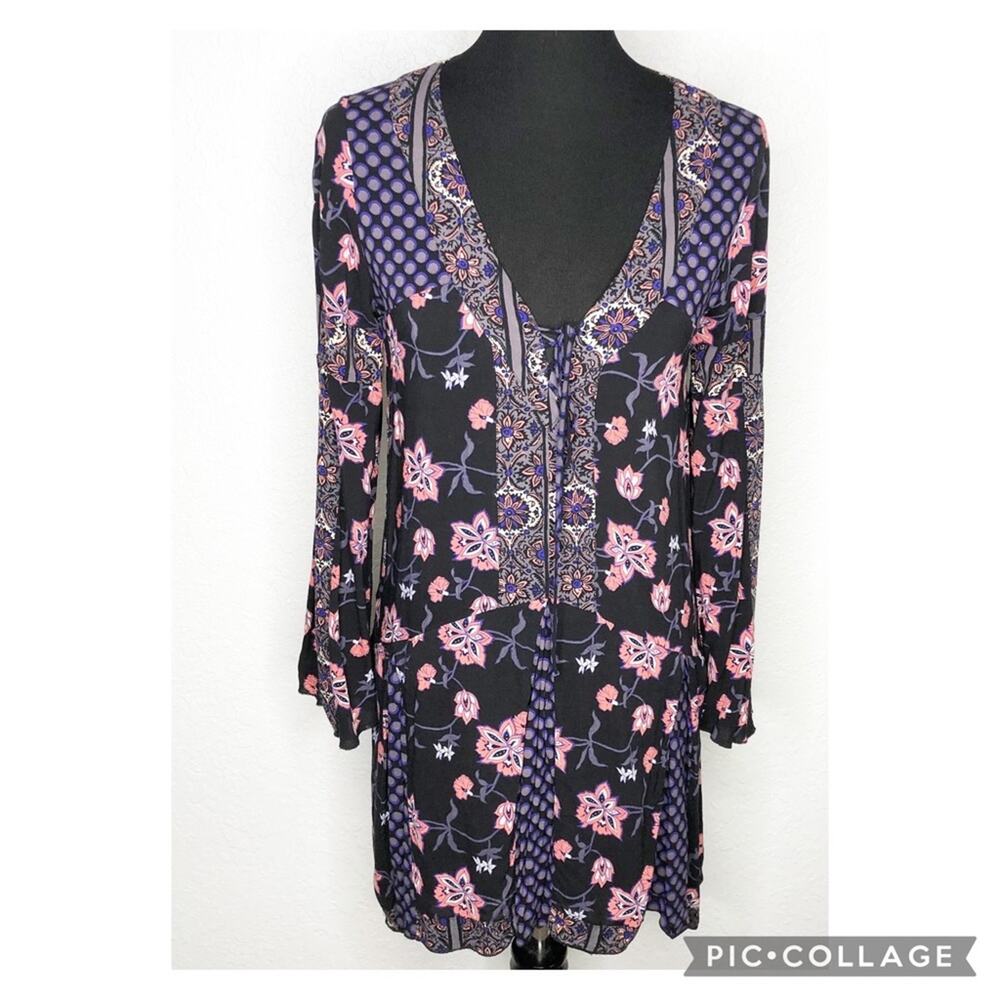 Anna Sui Oneill black pink purple mixed floral polka dot print dress size Small